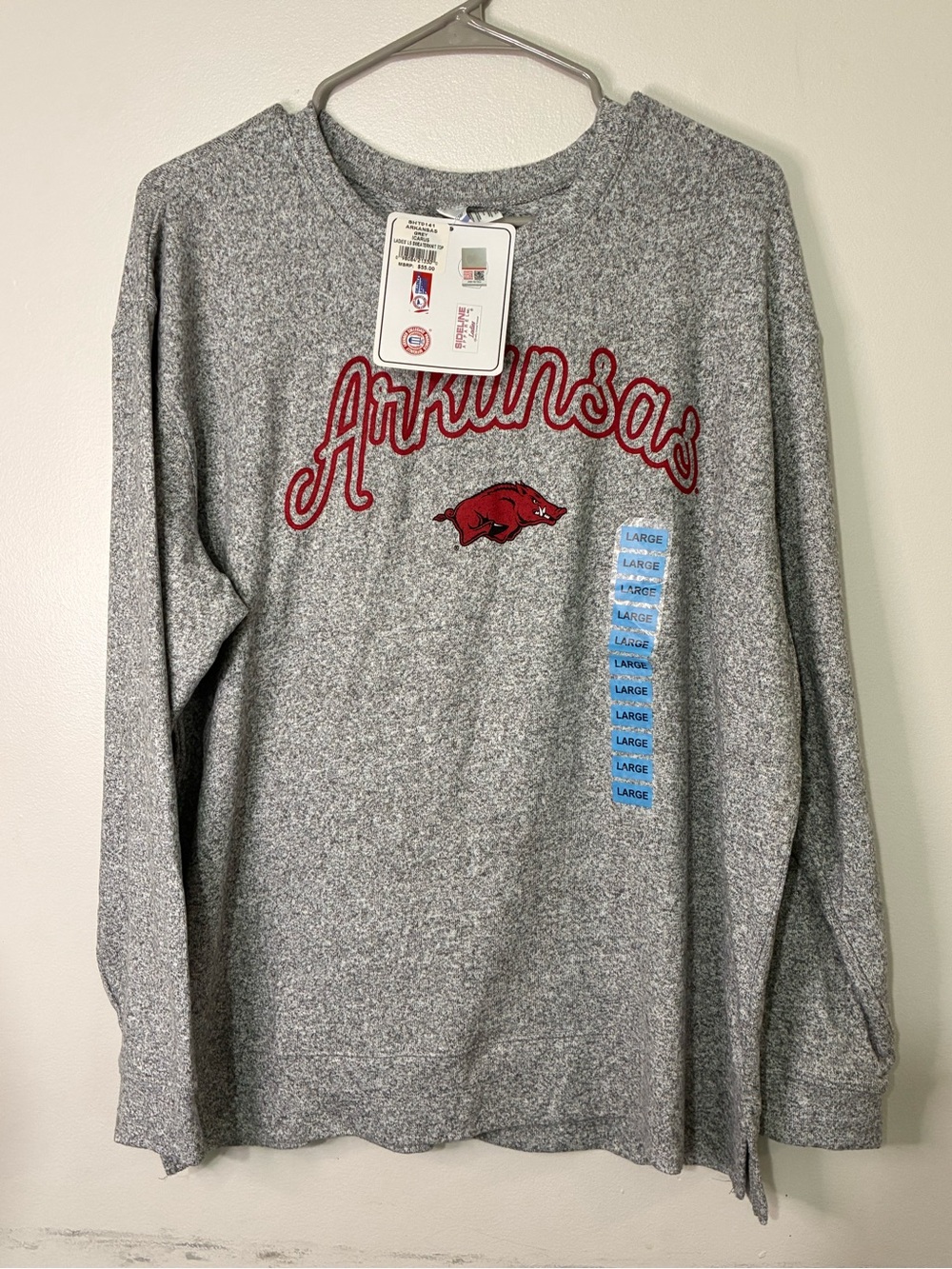 Arkansas Long-Sleeve Gray Crewneck Tee with Red Script